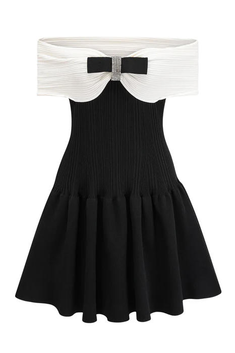 Abito Mini Solene Off-Shoulder con Fiocco
