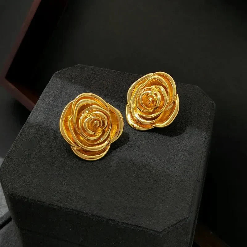 Golden Rose Petal Statement Stud Earrings