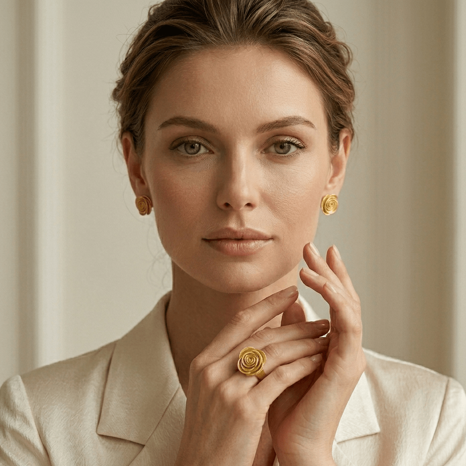Golden Rose Petal Statement Stud Earrings