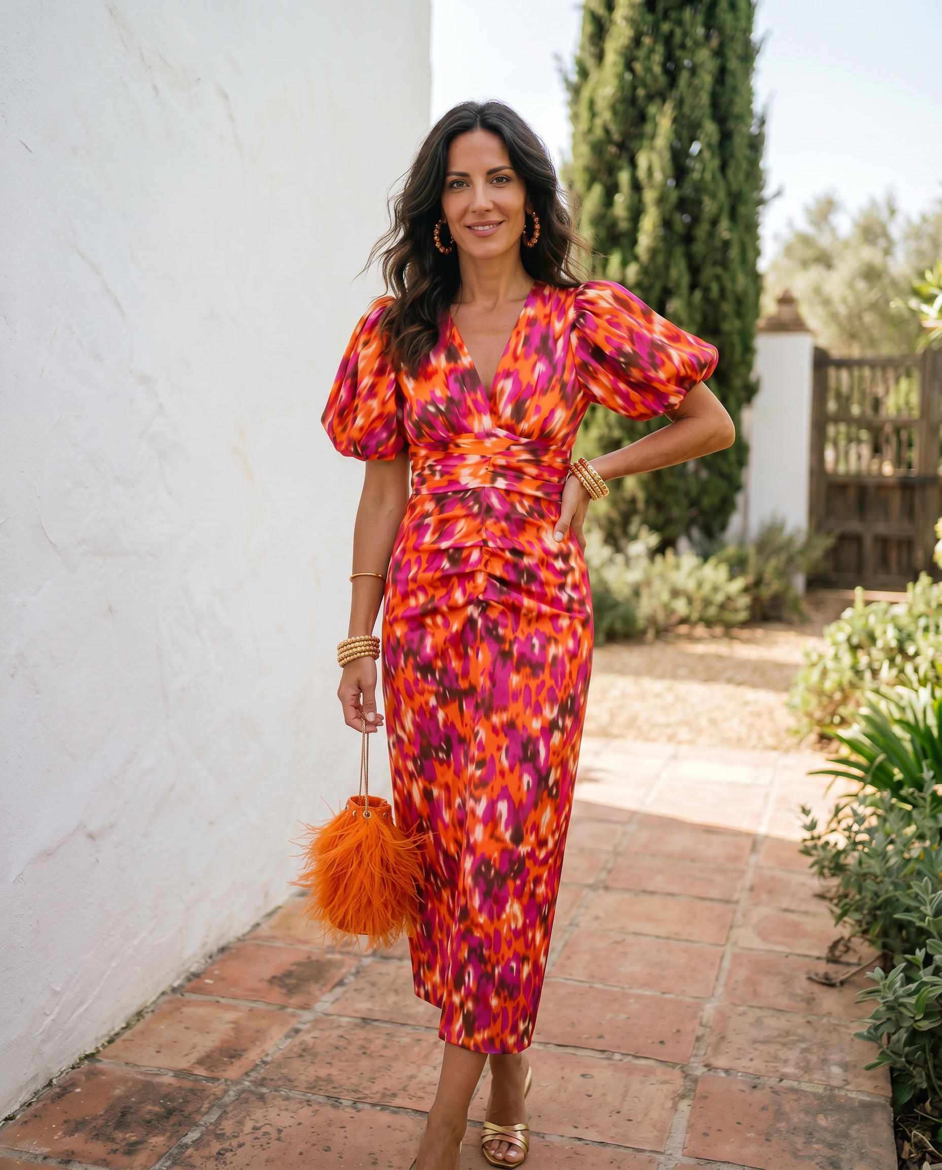 Carla | Vestito Midi Stampato con Maniche a Sbuffo